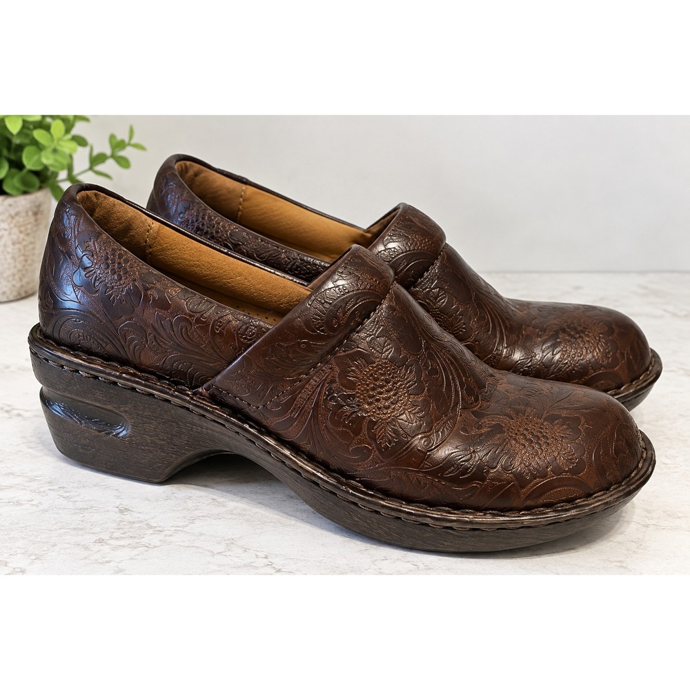 BOC Floral Embossed Women's Size 7 Shoes Leather Clogs Brown Nurse Teacher